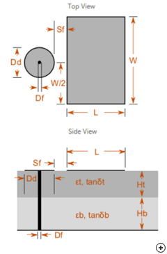 Top and side view sketches with design parameters of the Rectangular Capacitive-disc-fed Patch